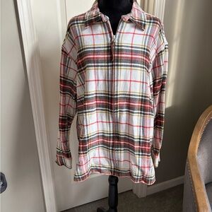 Denim&Co Plaid Full Zip Shirt - Orange, Green & White